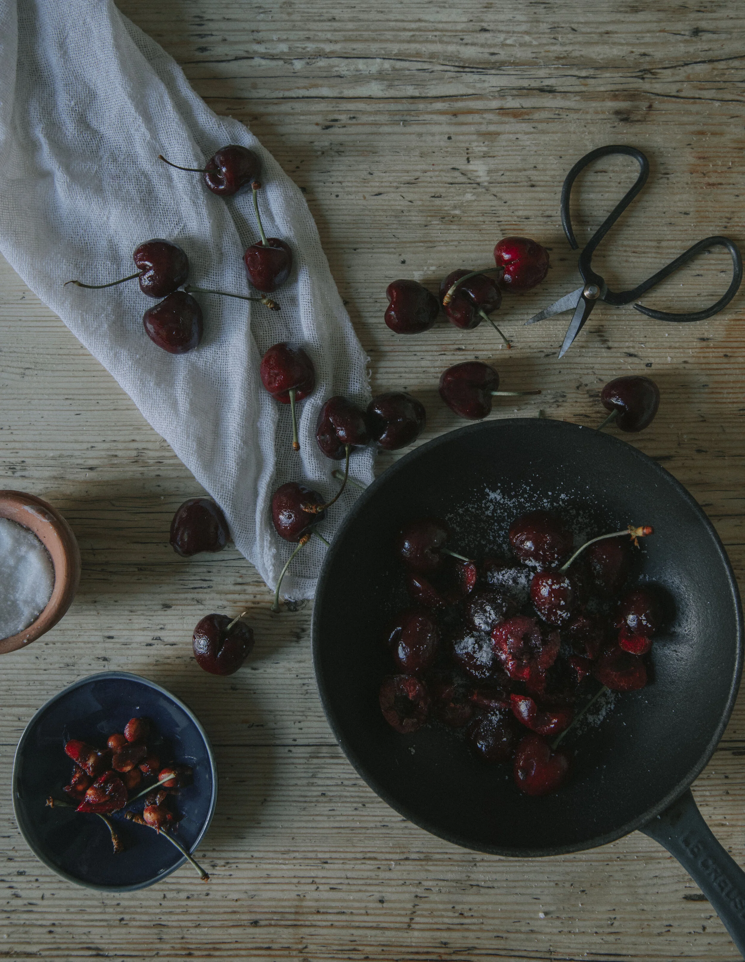 Stewed cherry, vanilla ice cream and white chocolate dessert