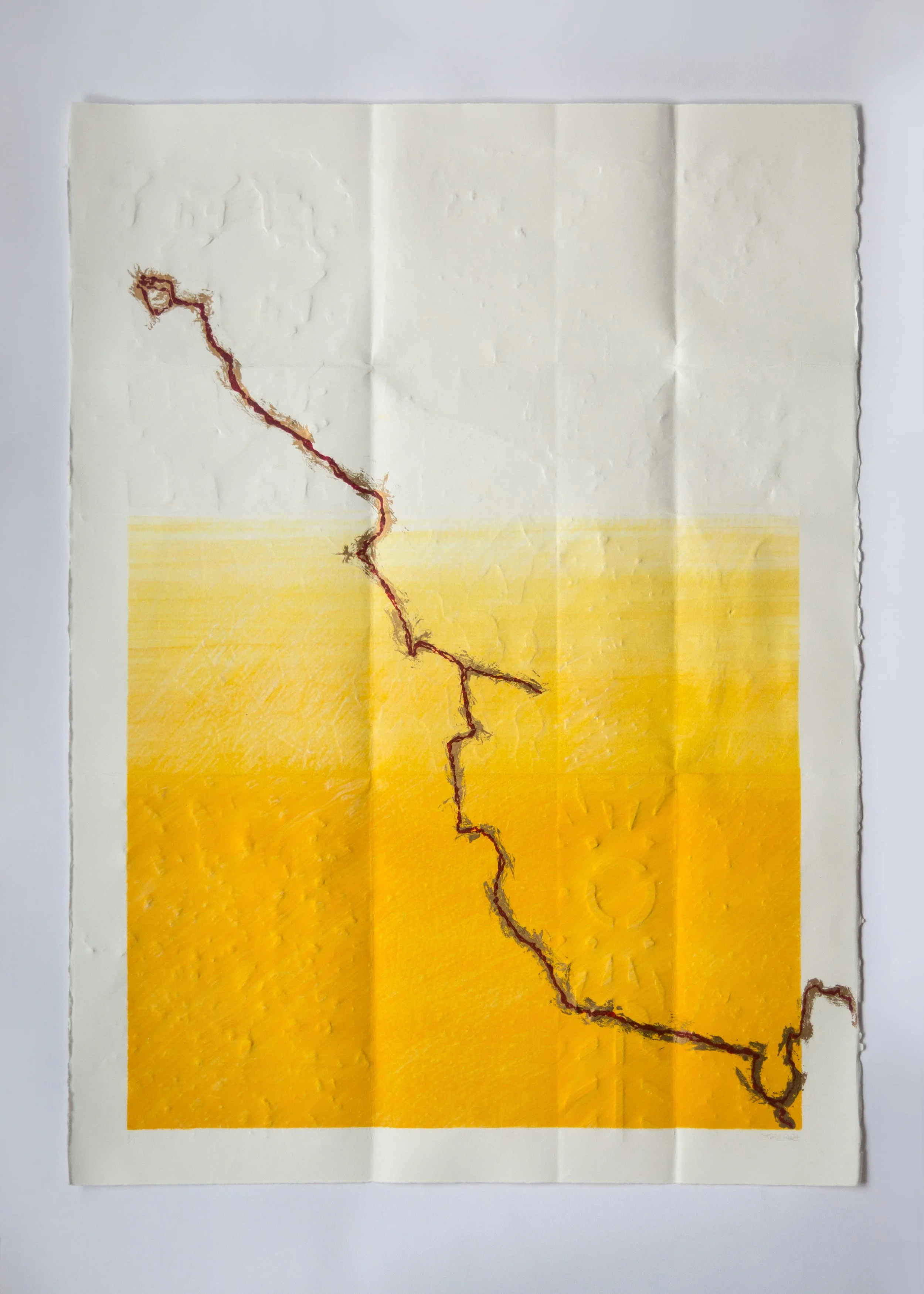 Utan tittel/Antibes Map (2024), monotrykk, handkolorering, frottage og monotypi påført med funnet objekter på papir, 56 x 76 cm.