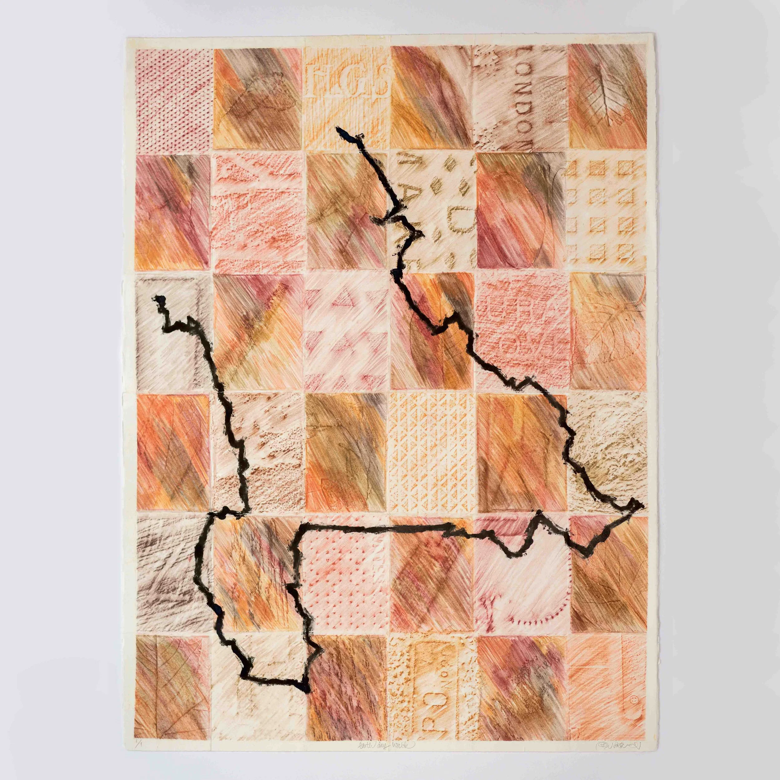 Earth Day Walk (2021), monotrykk, frottage og monotypi på papir, 56 x 76 cm