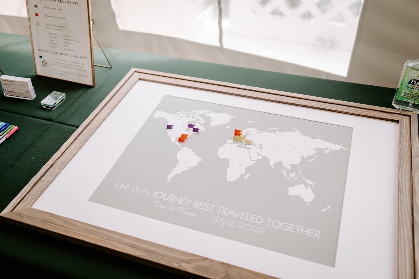 We loved this take on a guest book so much! As avid travelers the couple asked for guests to make suggestions on where they should travel next and any recommendation for while they were there. You could place a flag on the map and leave suggestions o