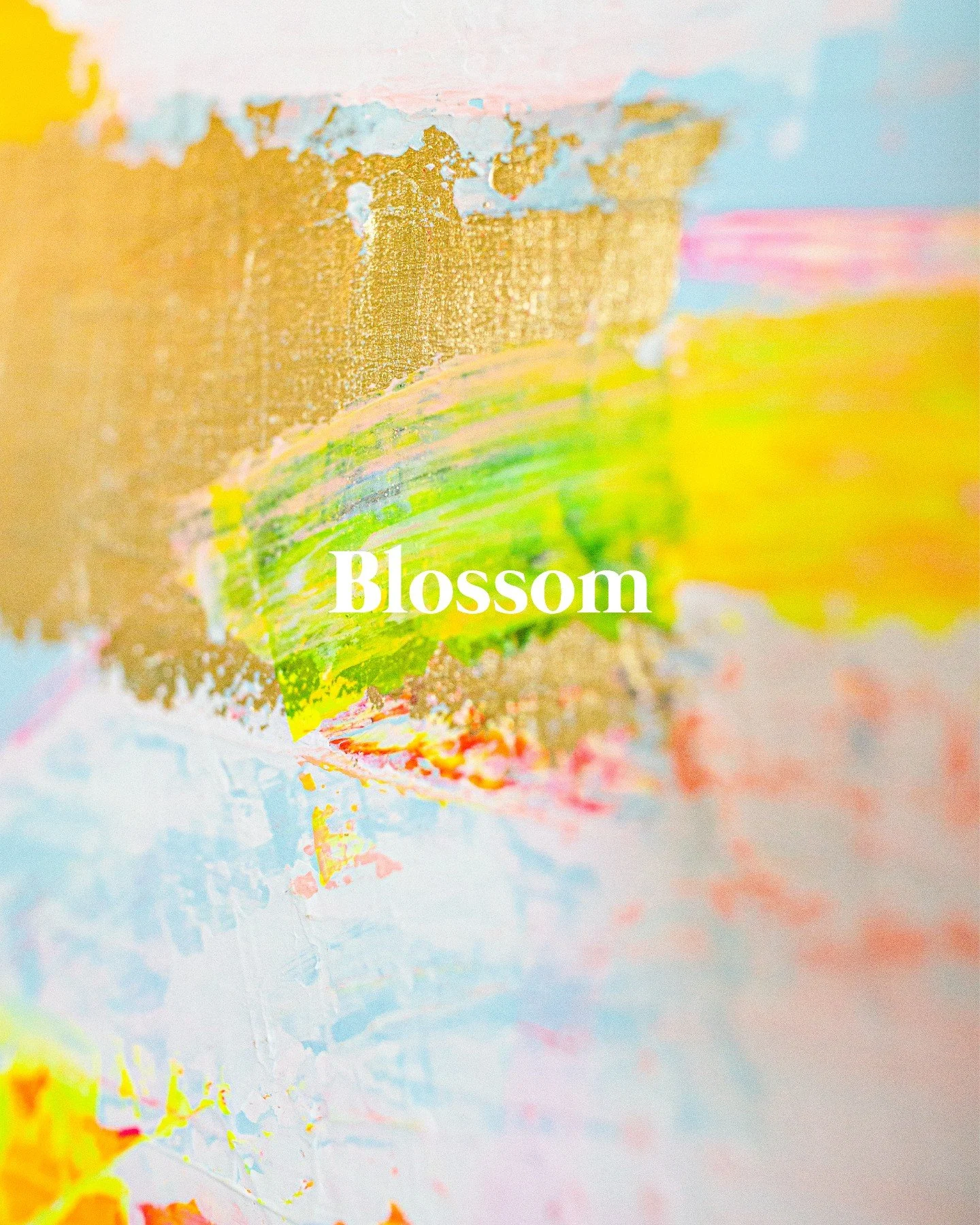 BLOSSOM
Acrylic on canvas, framed in white wood
46 &times; 56cm
The hush of a spring morning.
Blue skies, golden light, petals caught mid-air.
A breath of renewal, the world shimmering with promise.

On show and available to purchase at @artforyouthl
