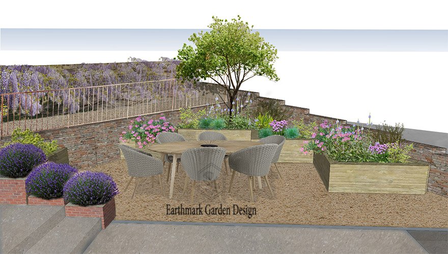 Photoshop image-concept design-view lower garden level-raised bed design--gravel seating area -Earthmark Garden Design