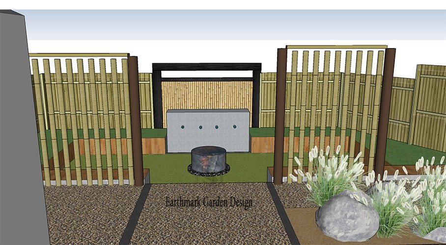 Sketchup plan-Japanese style garden design -water feature- view through garden from house - Earthmark Garden Design