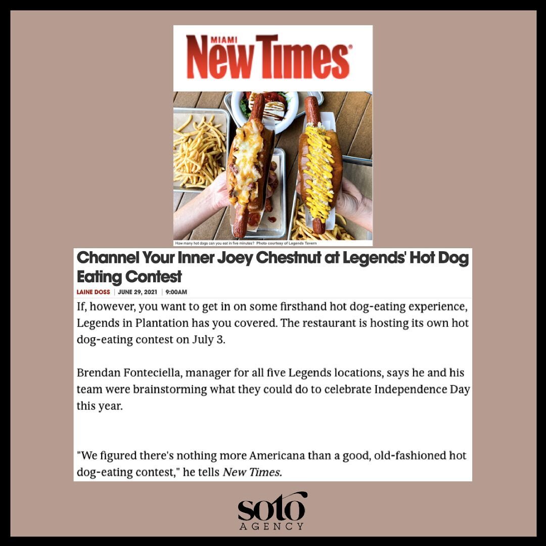 Need plans this weekend? Stop by @legendstavern in Plantation to cheer on contestants for their first ever Hot Dog Eating Contest on July 3! 🌭💪🏼 Thank you to @lainedoss for the @miaminewtimes piece! ✨