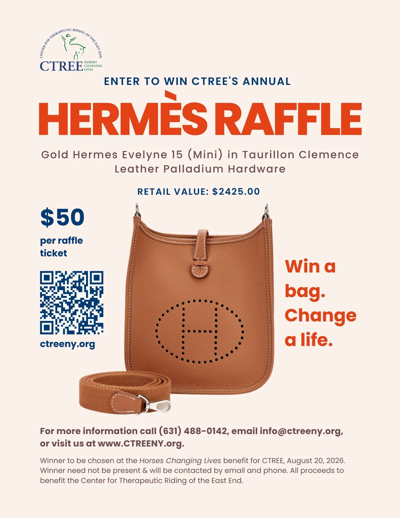 Enter to win CTREE's annual Hermès raffle! This Gold Hermes Evelyne 16 (Mini) in Taurillon Clemence Leather Palladium Hardware retails at $2425.00. Raffle tickets are $50 each.
