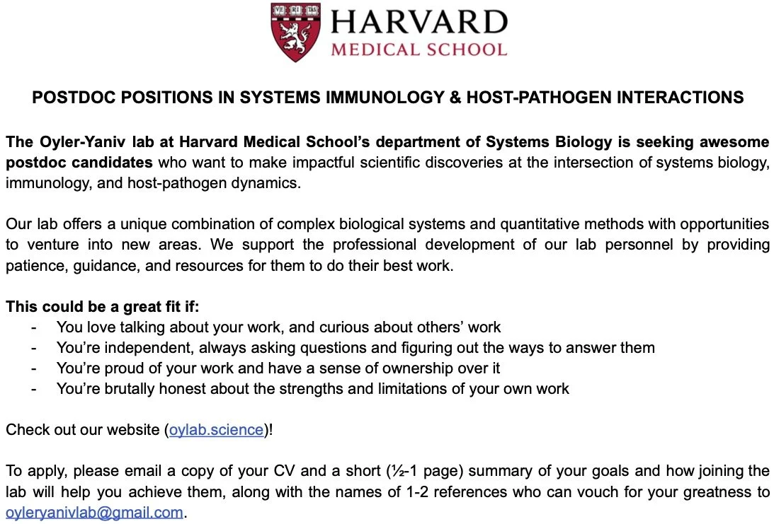 Opportunities — Oyler-Yaniv Lab