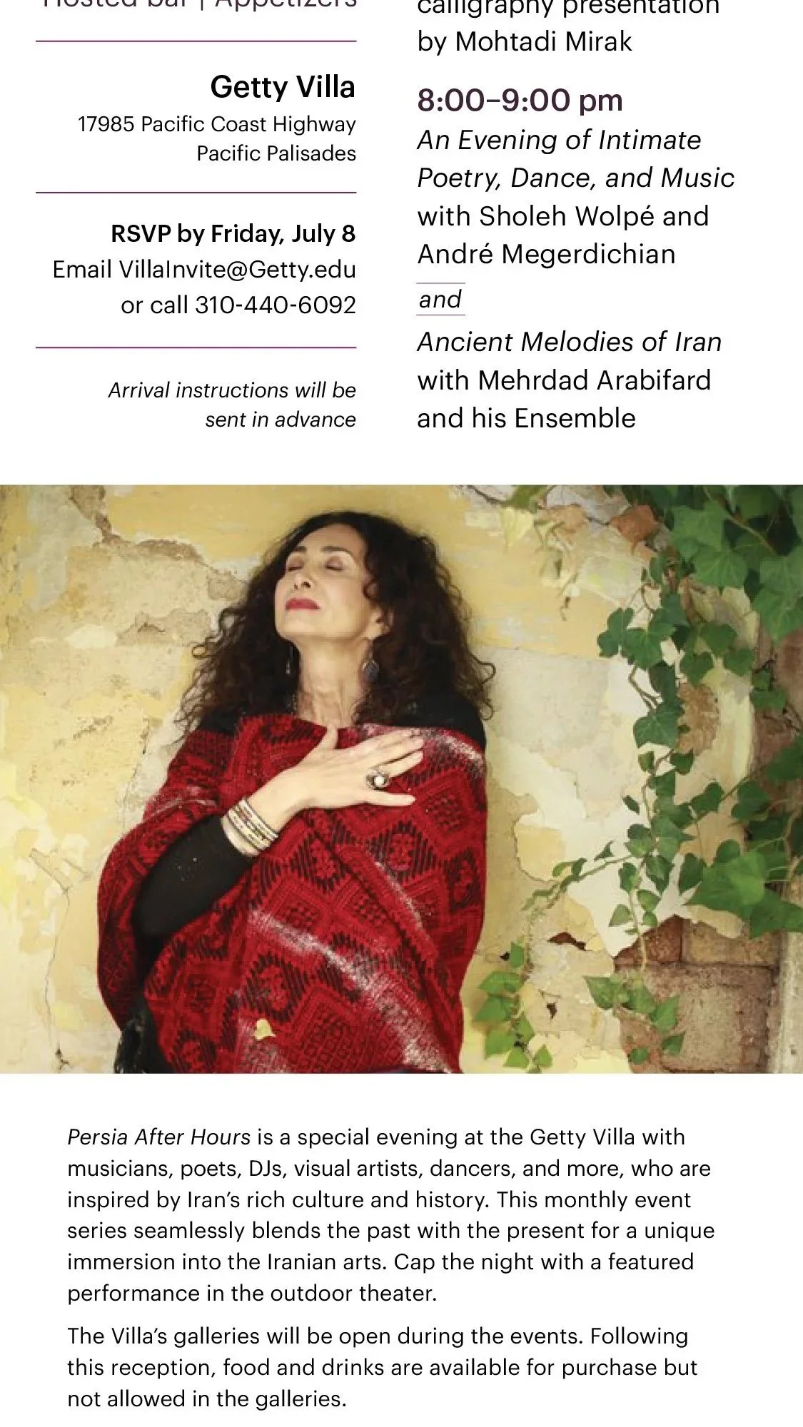 Event flyer featuring a woman with dark curly hair wearing a red and black patterned shawl, standing with her eyes closed against a textured yellow wall with green ivy.