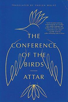The cover of the book titled 'The Conference of the Birds Attar' featuring a stylized birdwing design on a blue background.