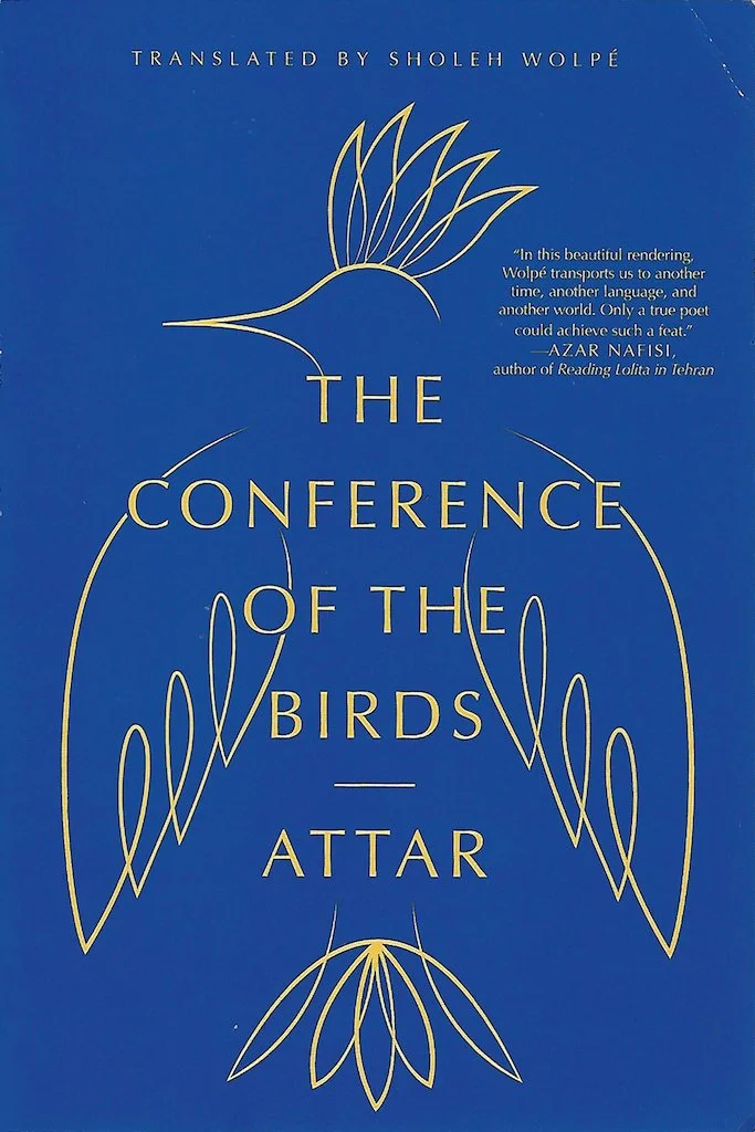 Cover of a book titled 'The Conference of the Birds' translated by Sholeh Wolpé, with an illustration of stylized bird wings and feathers on a blue background.