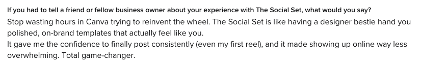 Text discussing the benefits of The Social Set and Canva for business owners, emphasizing ease of use, confidence in posting, and reducing overwhelm.