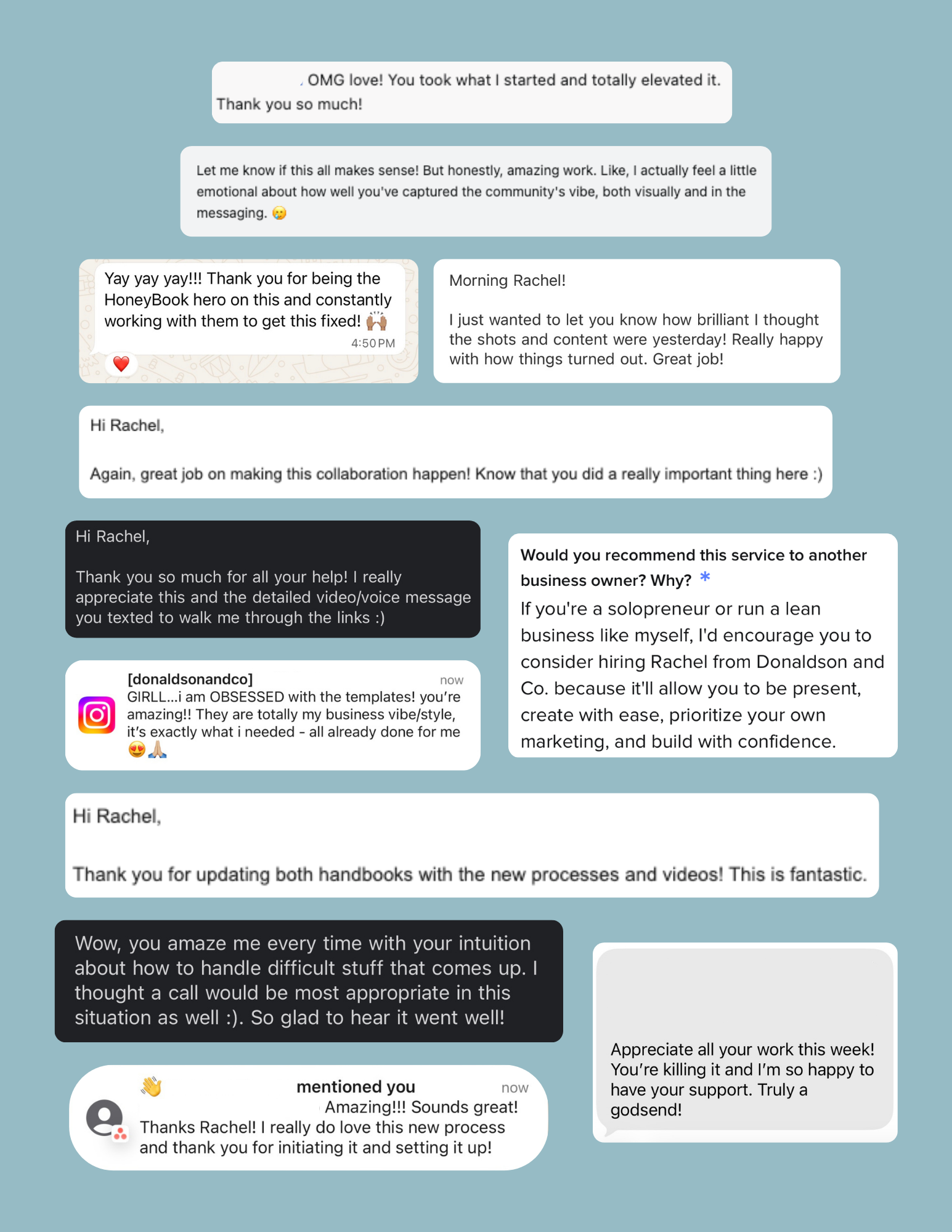 Collection of chat messages and comments on a light blue background, expressing appreciation and positive feedback about a collaborative project and process.