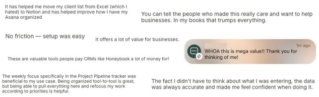 Screenshot of a chat conversation with a business-related presentation or document visible in the background. A message in the chat reads: "WOHA this is mega value!! Thank you for thinking of me!"