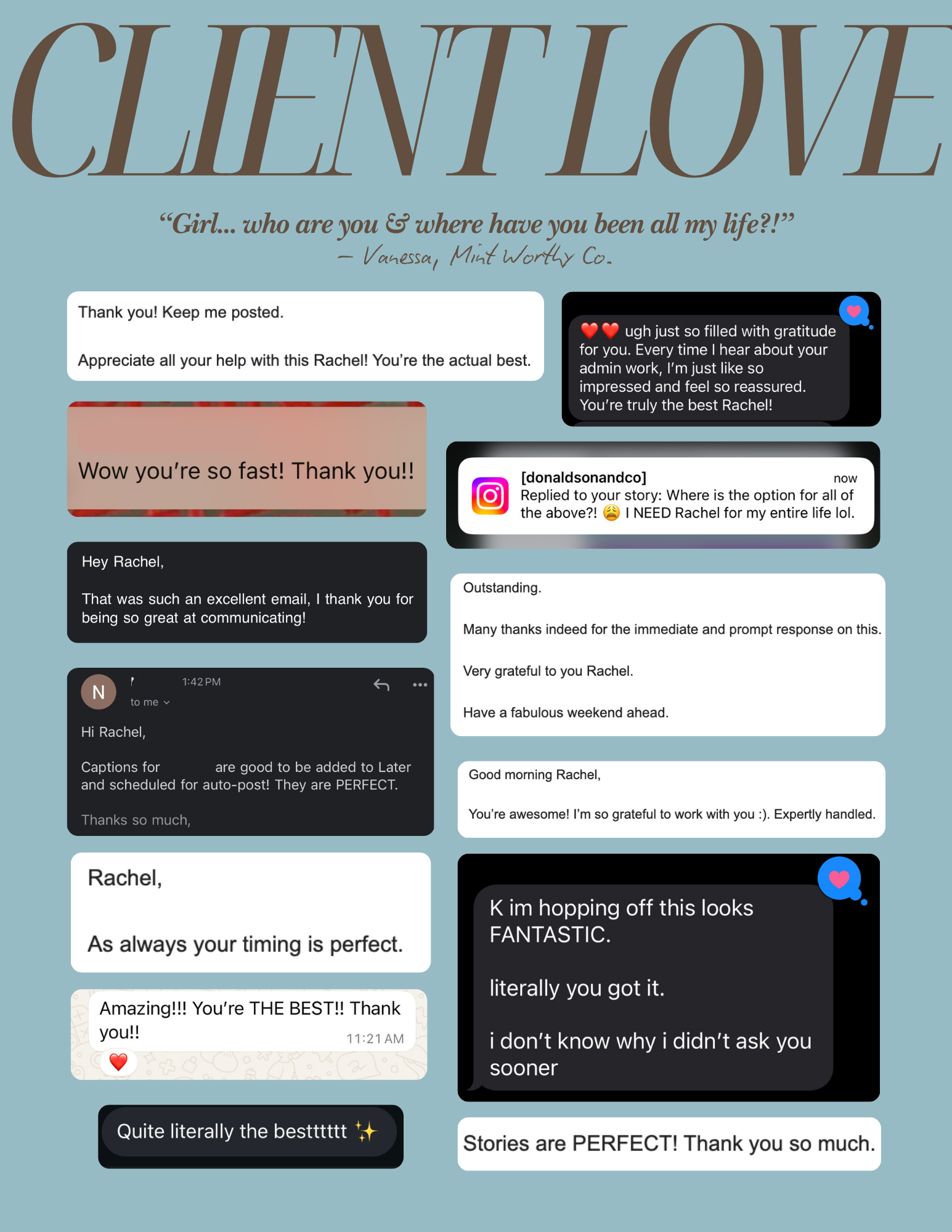 A collage of various positive and appreciative messages, reviews, and compliments about a person named Rachel, with a large quote from Vanessa at the top and multiple colorful speech bubbles containing texts praising Rachel's communication skills, prompt responses, and overall excellence.