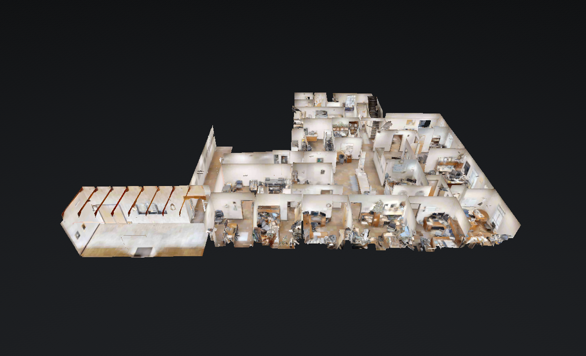 3D LiDAR floor plan of an office with multiple rooms, cubicles, and meeting areas, shown in a dollhouse view.