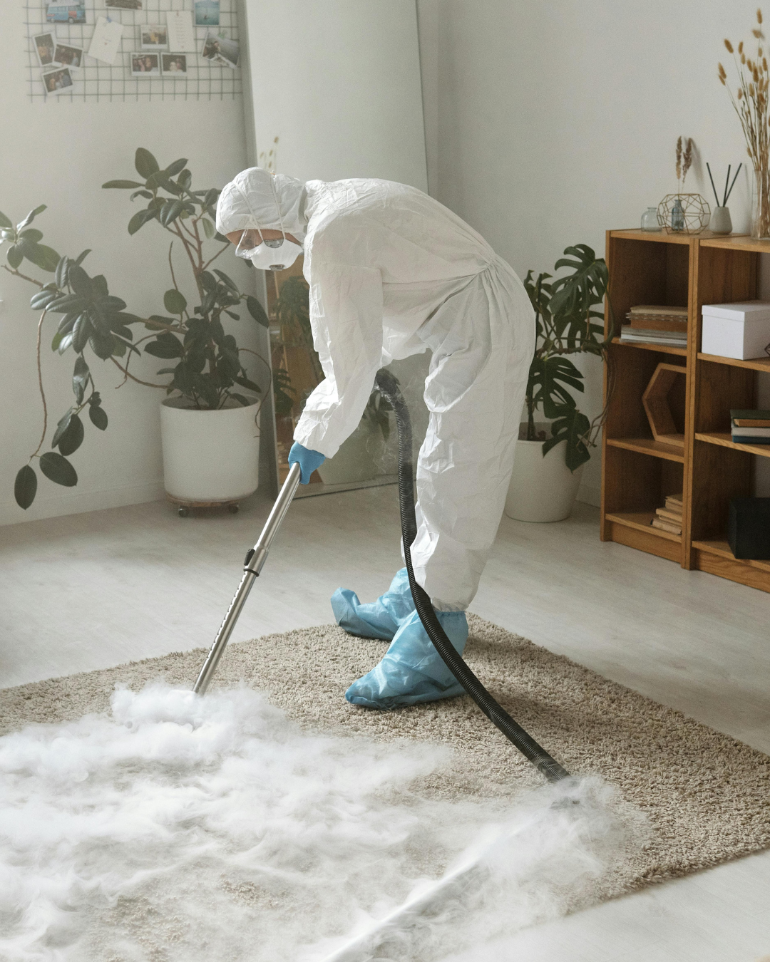 Person in protective gear cleaning a carpet with a steam cleaning machine.