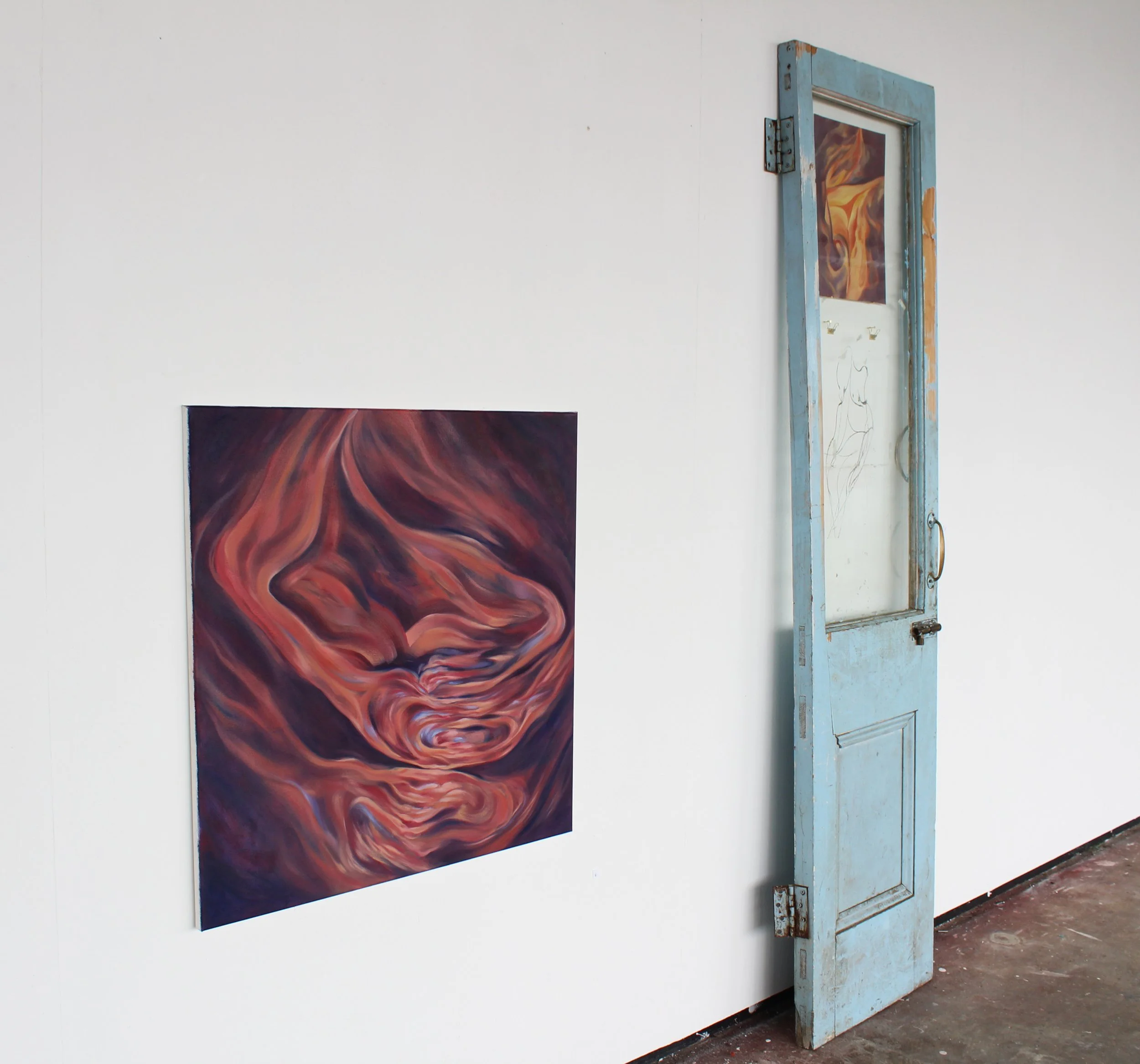 Feeding on a Reflection/Longing and Loss Feel the Same in the Body. Oil on canvas, 70x70cm, Oil on canvas 30x40cm, charcoal on paper 30x40cm, wooden door, 2023.