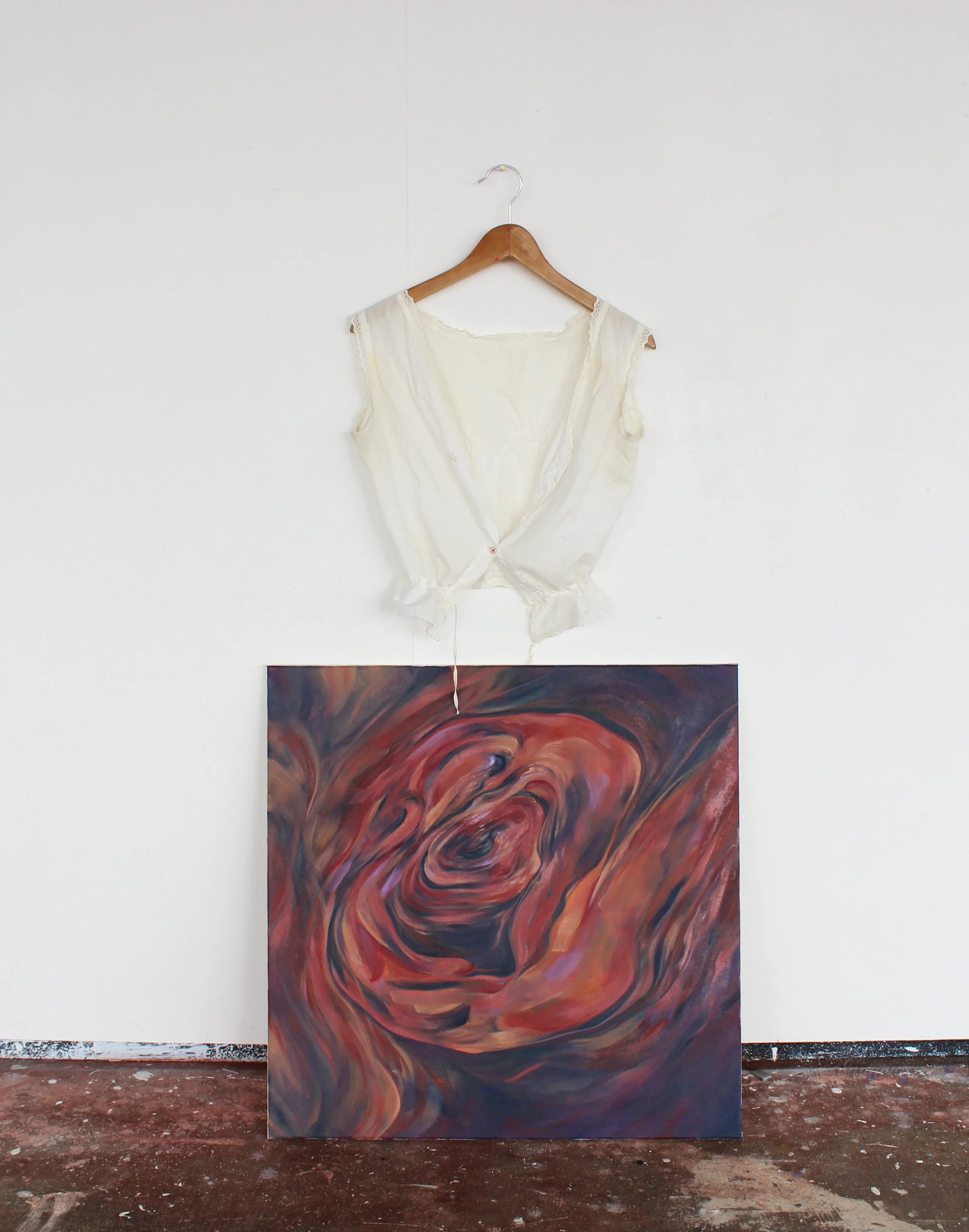 Pulled By Tidal Waves, I Want You to Wear Me In/Out. Oil on canvas, 70x70cm, vintage blouse, 2023.