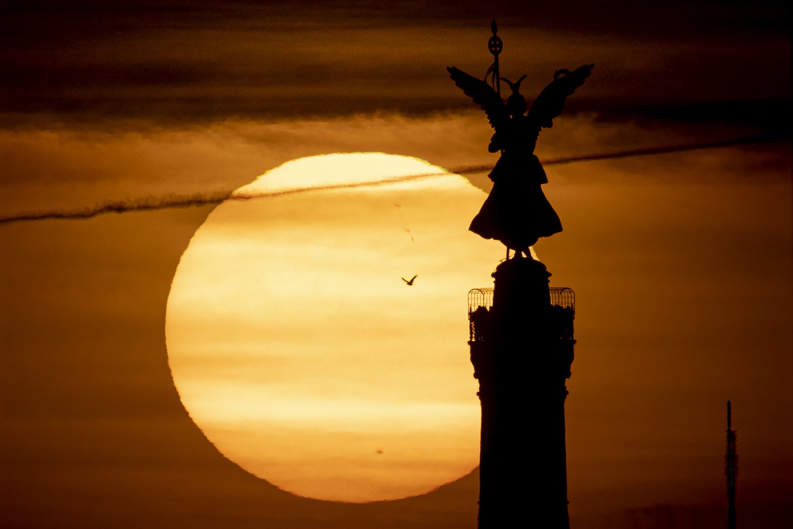 Die Siegessäule zeichnet sich ab vor der untergehenden Sonne in Berlin, 12.03.2022.
