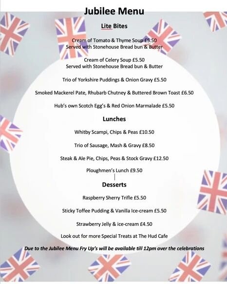 Jubilee Menu available Thursday through to Sunday usual hours.

#yorkshirecyclehub #northyorkshiremoorsnationalpark #fryupdale #homemadefood #foodwithaview #danby #lealholm #localfood #hubtastic