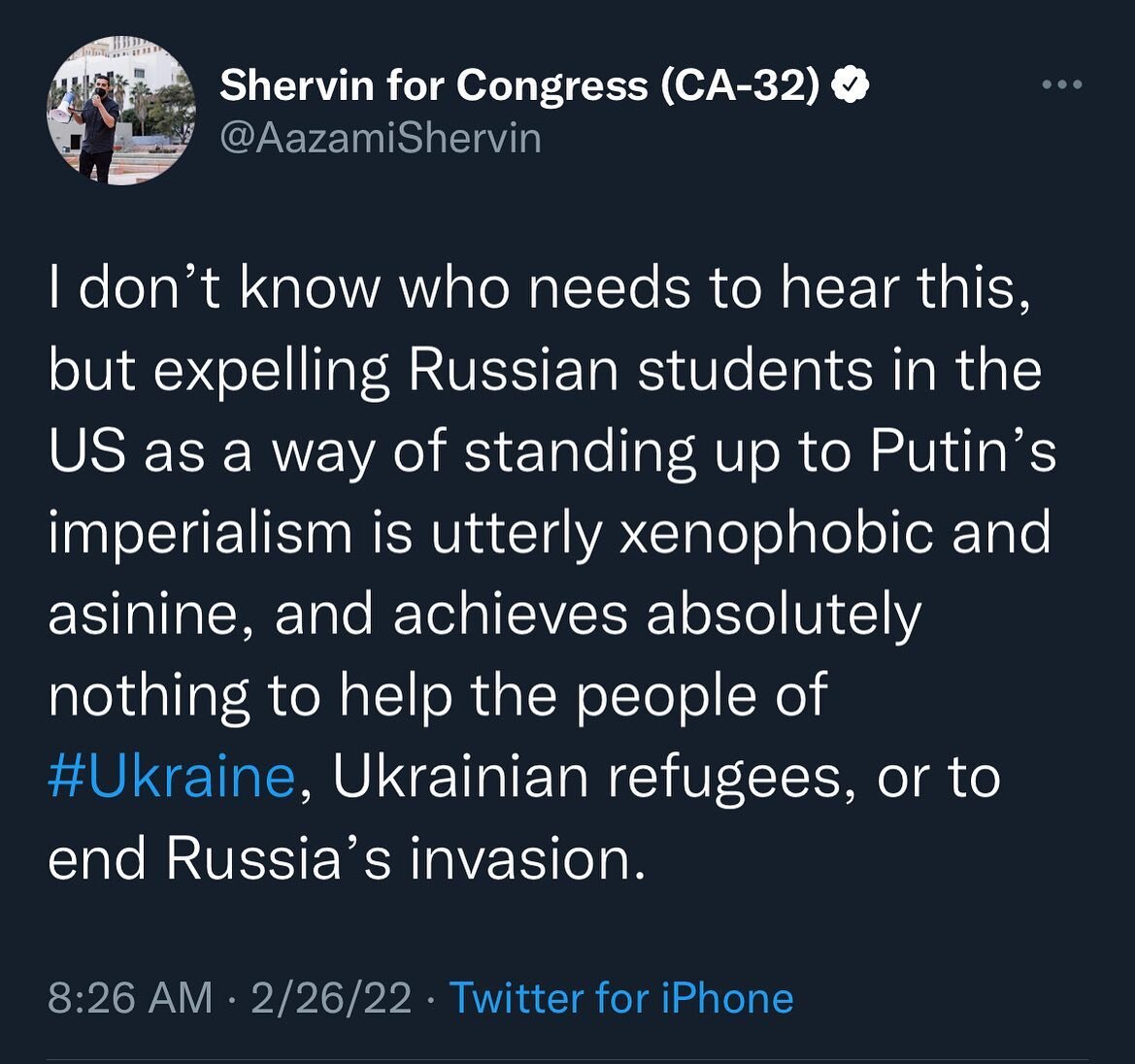 Punishing students for the imperialism of autocrats is both immoral and illogical, not to mention dangerously forgetful of history. 

The Ukrainian people need humanitarian aid, refugee resettlement and asylum services, and an internationally brokere