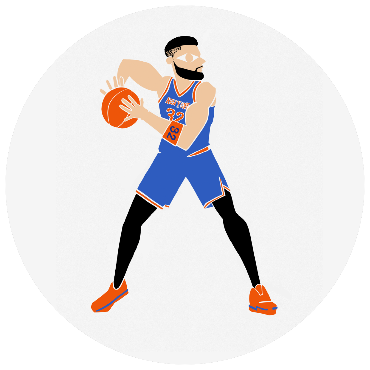 A graphic illustration of basketball player Karl Anthony Towns in a wide, ready stance holding a basketball, set against a solid light circular background.