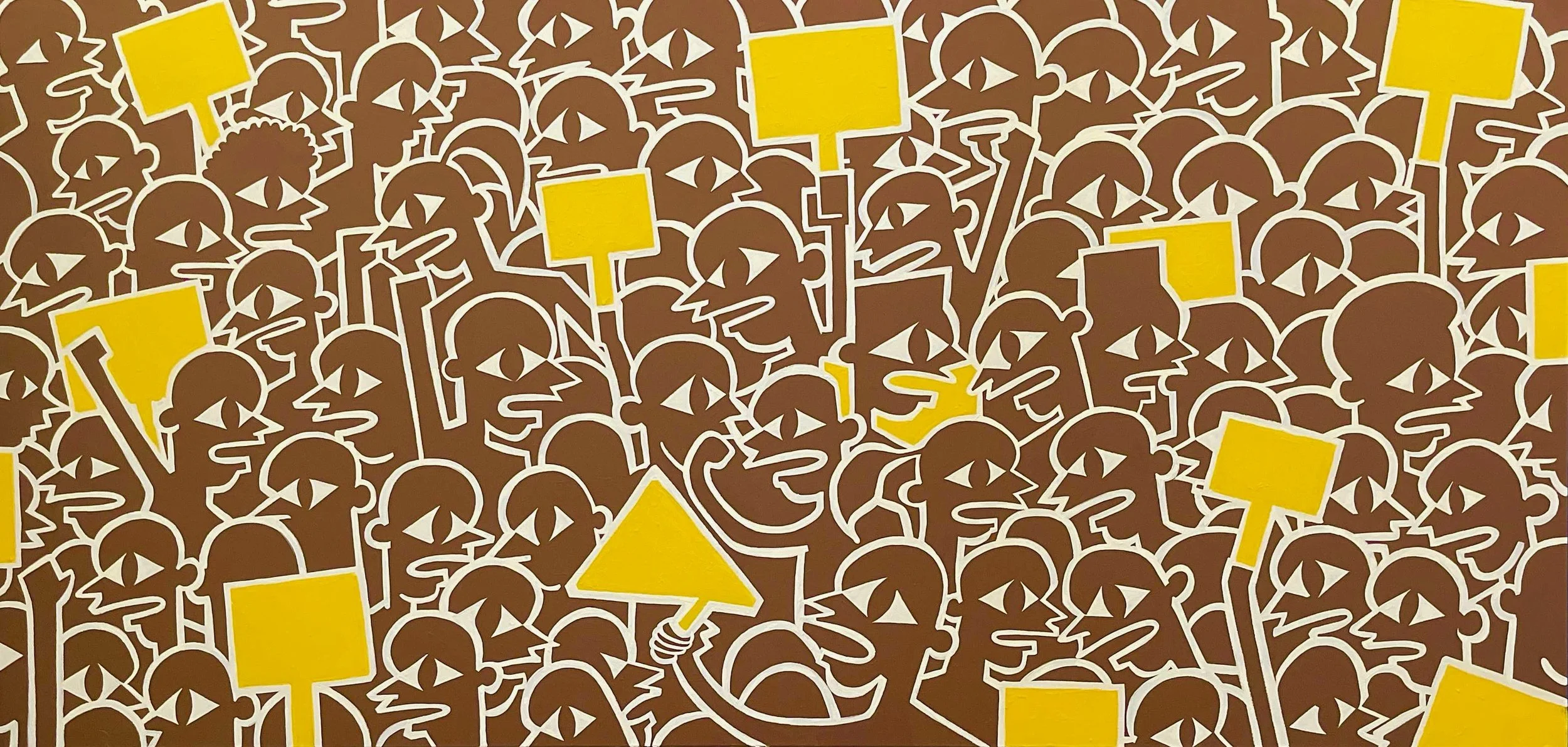 Formal painting "Black Lives Matter" by Hubert Neal Jr. featuring brown figures in white outlines with aggressive yellow placards.