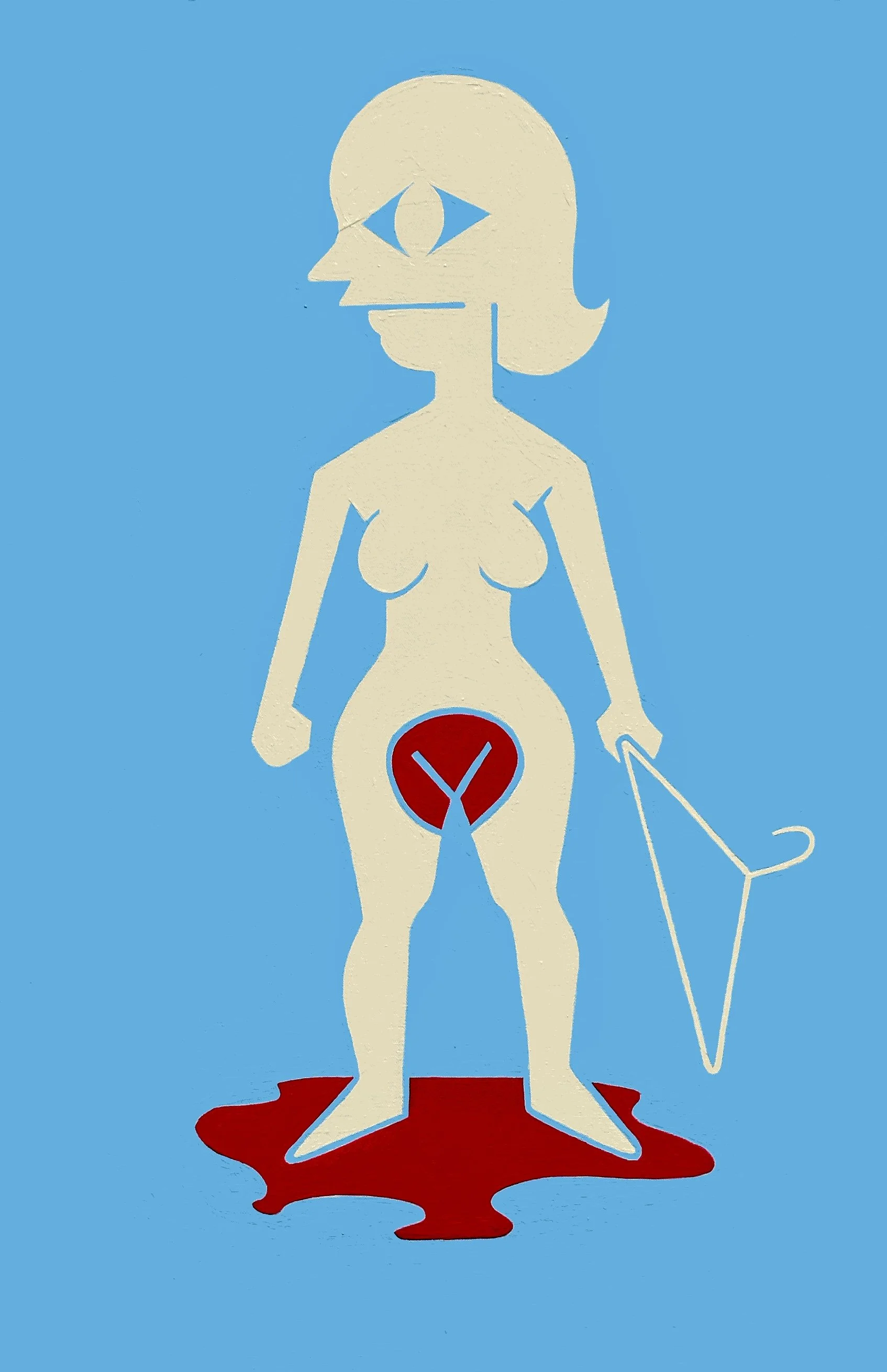 Painting 'The End of Roe V. Wade' feminist protest art coat hanger symbol against blue background, freehand painted in ancient graphic style.