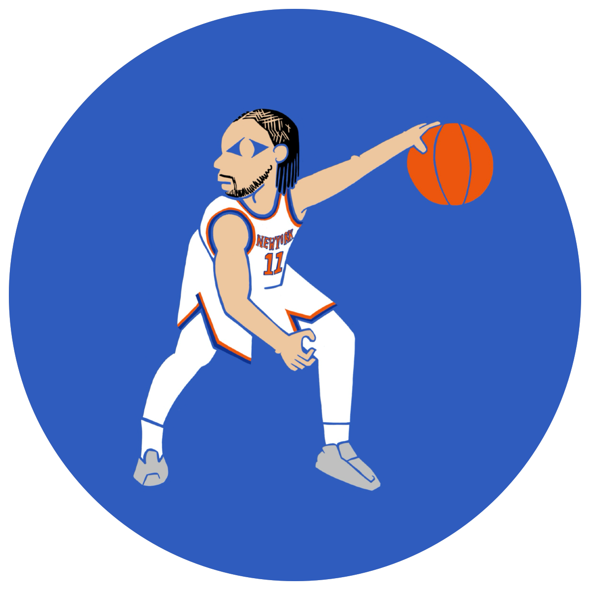 A graphic illustration of basketball player Jalen Brunson in a low stance handling a basketball, set against a solid blue circular background.