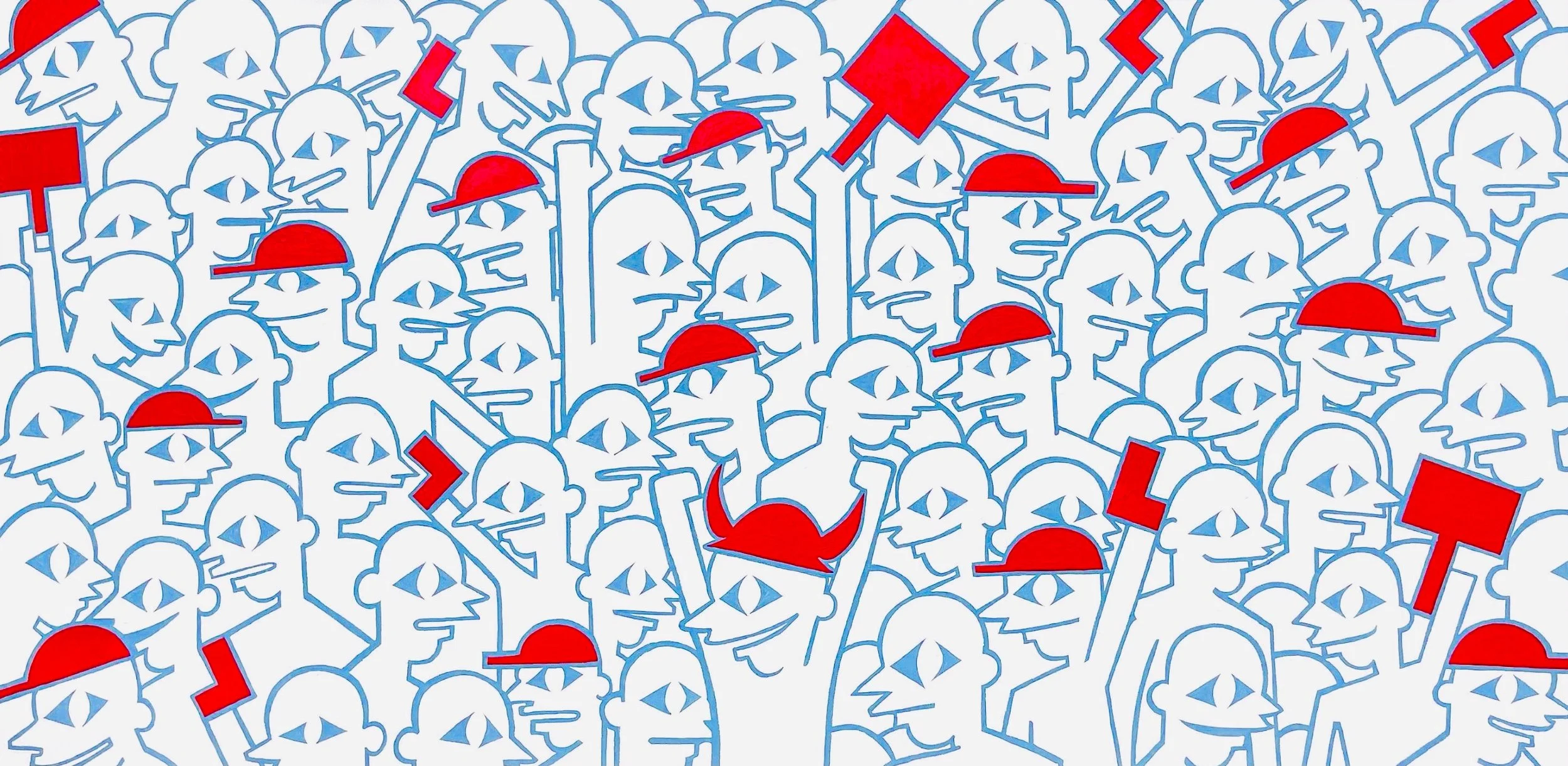 Hubert Neal Jr. painting, The Insurrection. Abstract crowd of figures in medium-tone blue, white, and red, depicting mass political chaos.