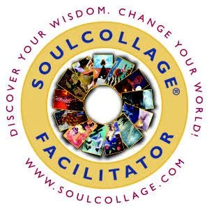 A circular logo for Soul Collage Facilitator features a ring of photos inside a yellow circle with text that reads 'Discover your wisdom, change your world' and the website www.soulcollage.com.