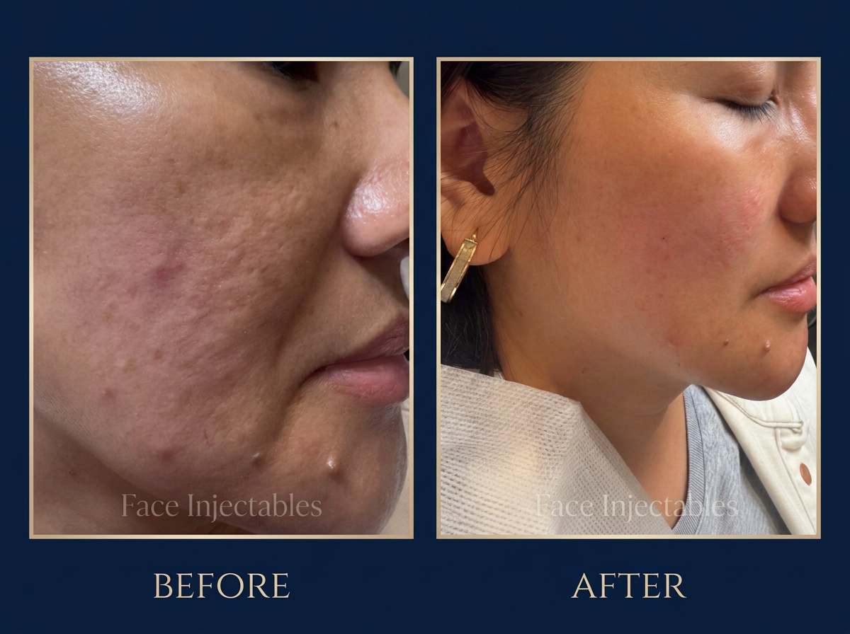 Acne scar treatment before and after in Vaughan showing improvement in pitted acne scars and uneven skin texture