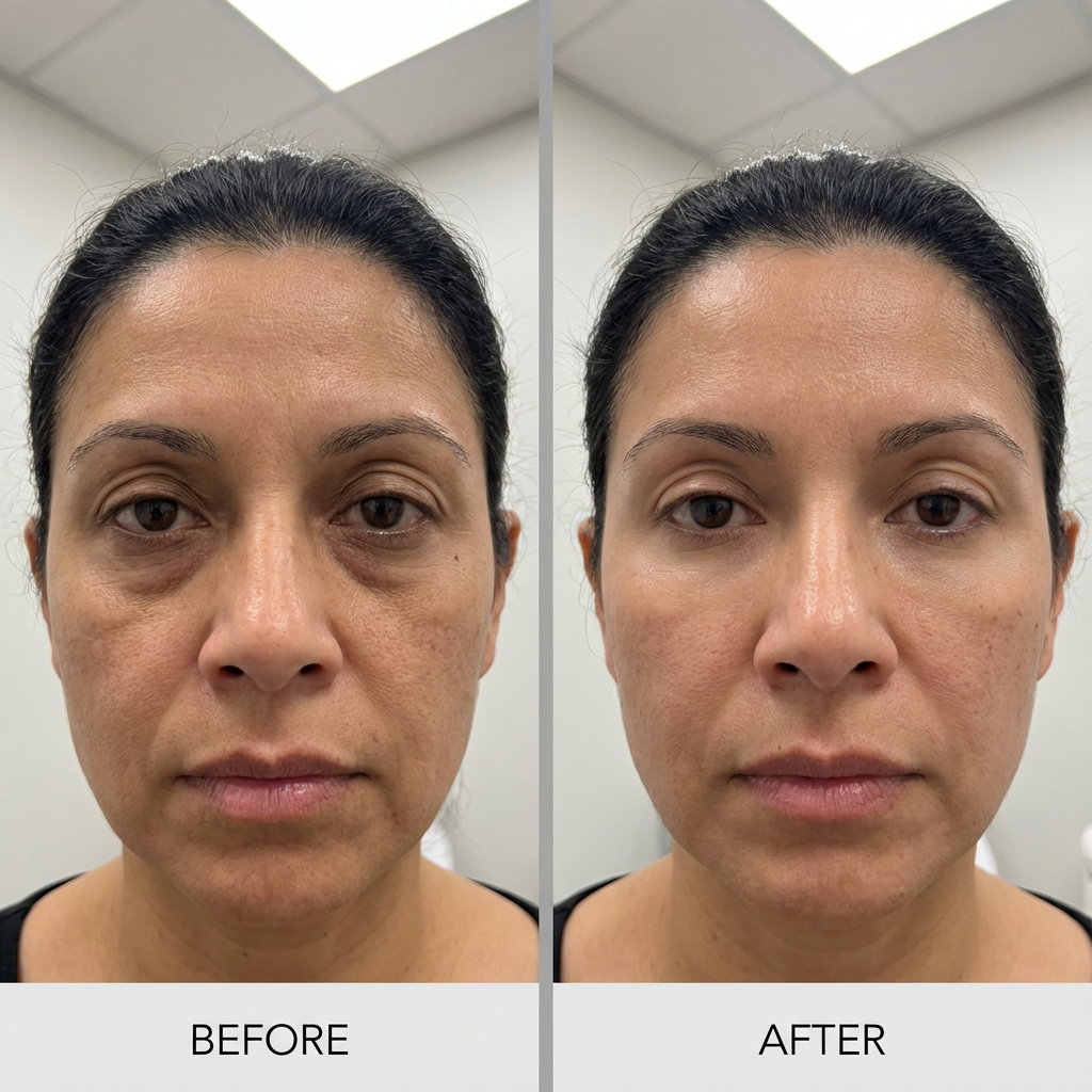 Under-Eye PRP Before & After — brighter-looking dark circles, smoother crepey texture, and a more rested look. Best results usually build over a series of 3 (spaced 3–6 weeks).