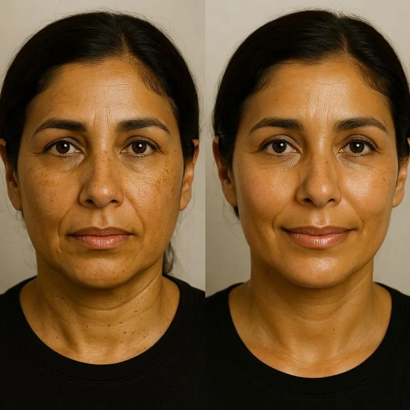 AquaGold facial before and after — olive skin woman age 45–55 with brighter tone, refined pores, and hydrated glow (Vaughan)
