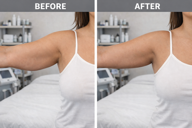 Back of upper arm pocket — before & after