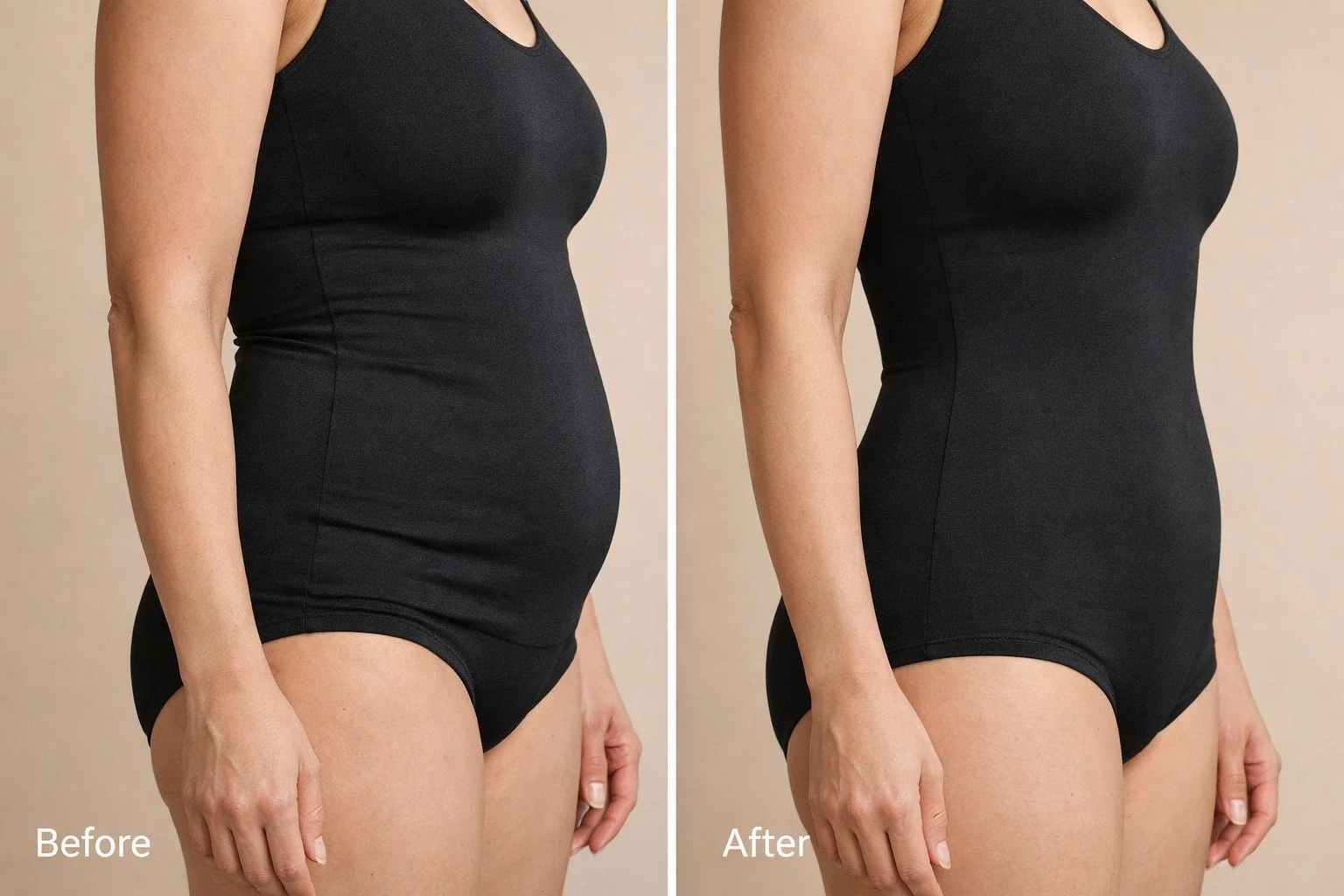 Stomach fat dissolving before and after results in Vaughan showing smoother lower belly contour and improved clothing fit (results vary).