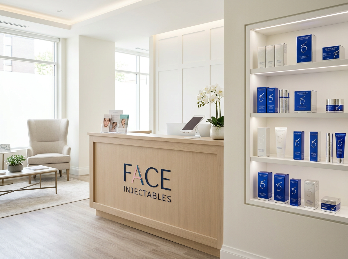 Luxury medical spa reception concept for Face Injectables in Vaughan, featuring a welcoming lobby and ZO Skin Health skincare display.