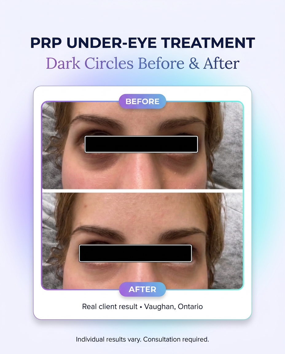 PRP under-eye before and after for dark circles and tired-looking under eyes at Face Injectables in Vaughan.