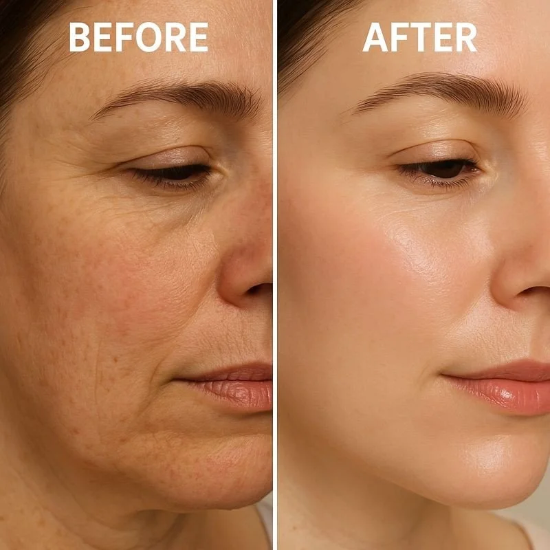 AquaGold facial before and after (Vaughan): smoother-looking texture, refined pores, and a hydrated glow with realistic skin detail.