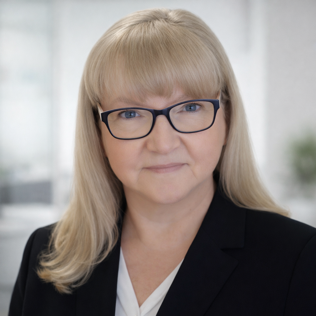 a woman wearing glasses and a business jacket