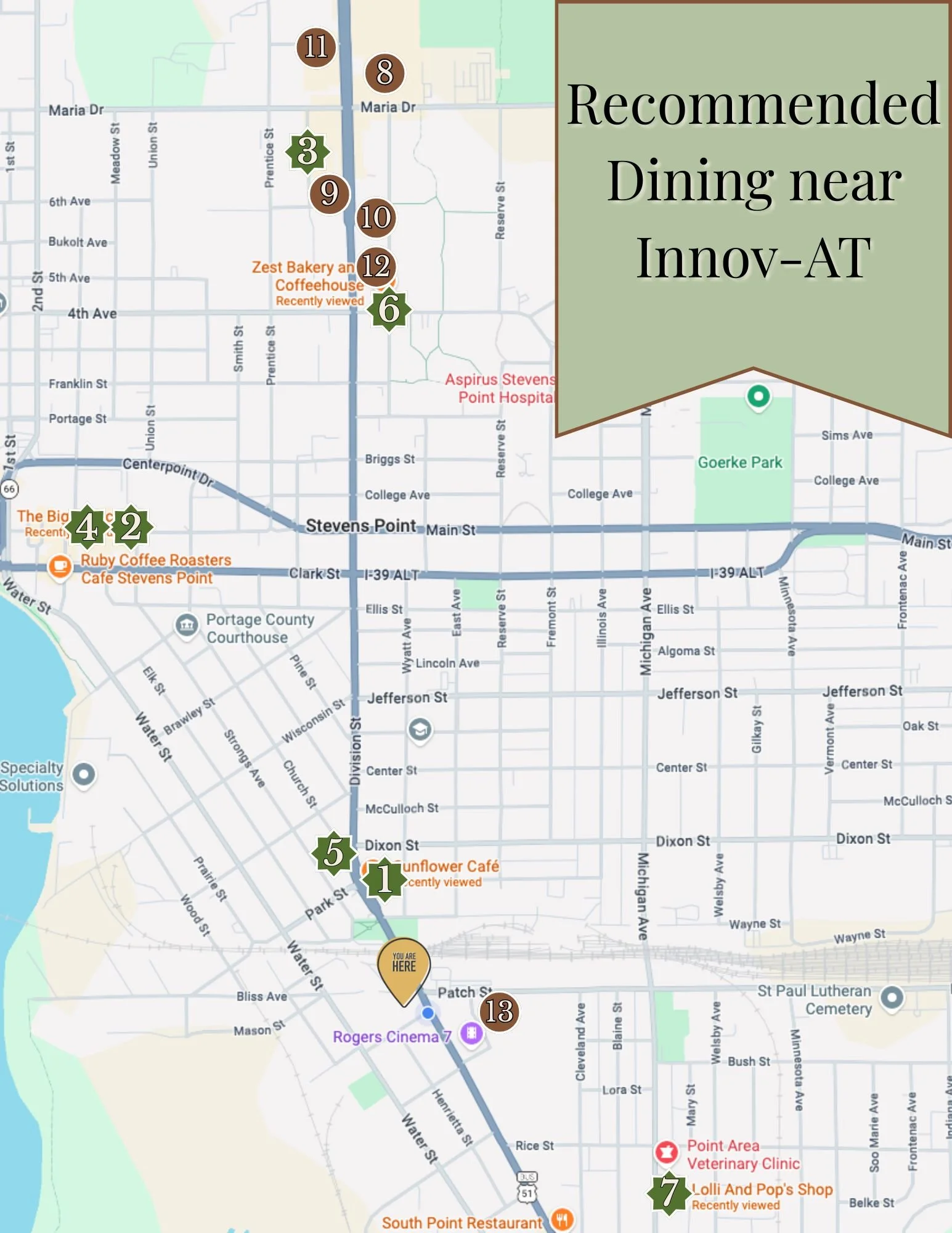 Map showing recommended dining locations near Innov-AT in Stevens Point, with numbered markers for various cafes, bakeries, and restaurants such as Sunflower Cafe, Ruby Coffee Roasters, Zest Bakery and Coffeehouse, and others.