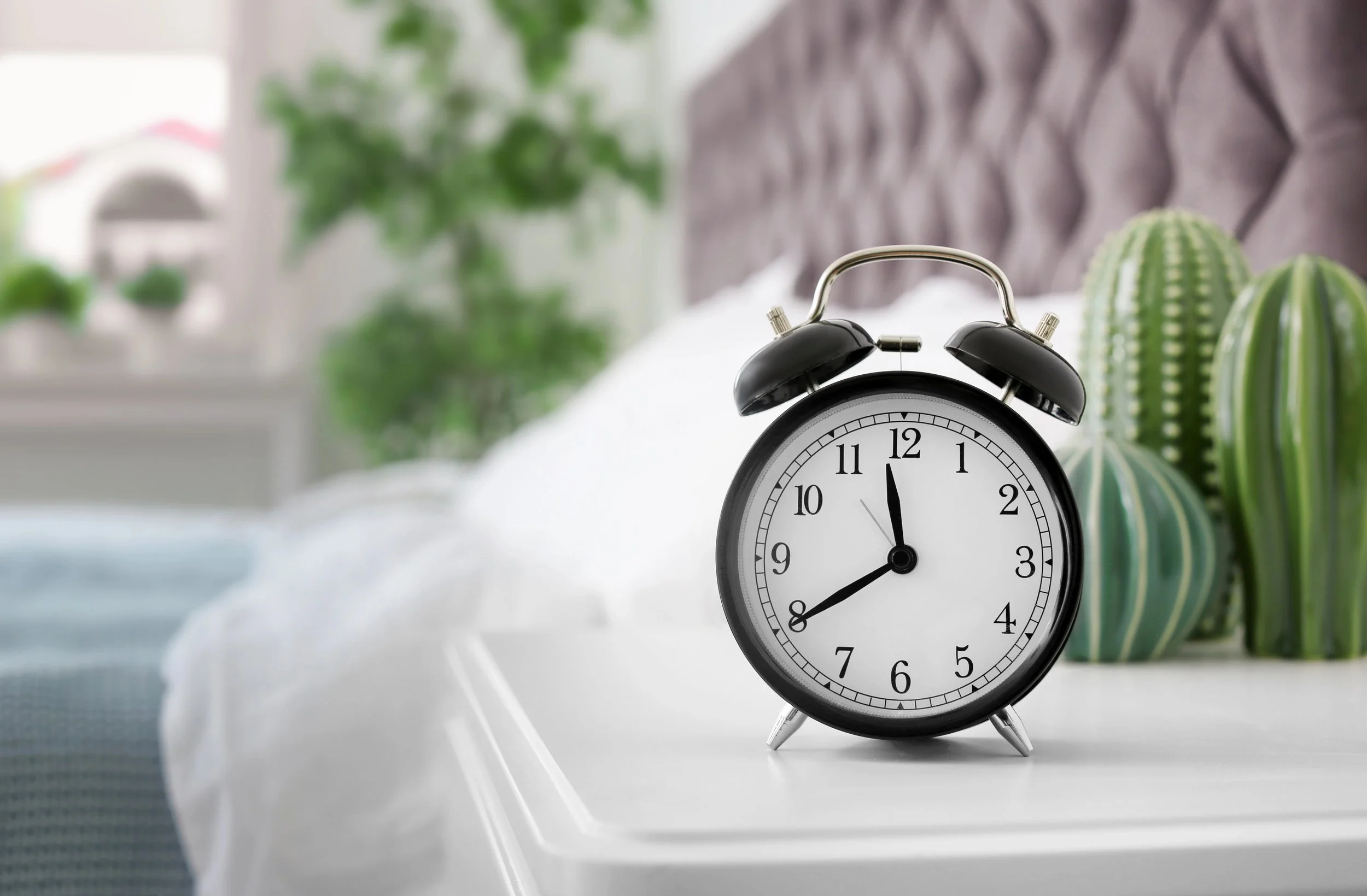 an analogue alarm clock on a side table next to some small cacti with a blurred bedroom in the background