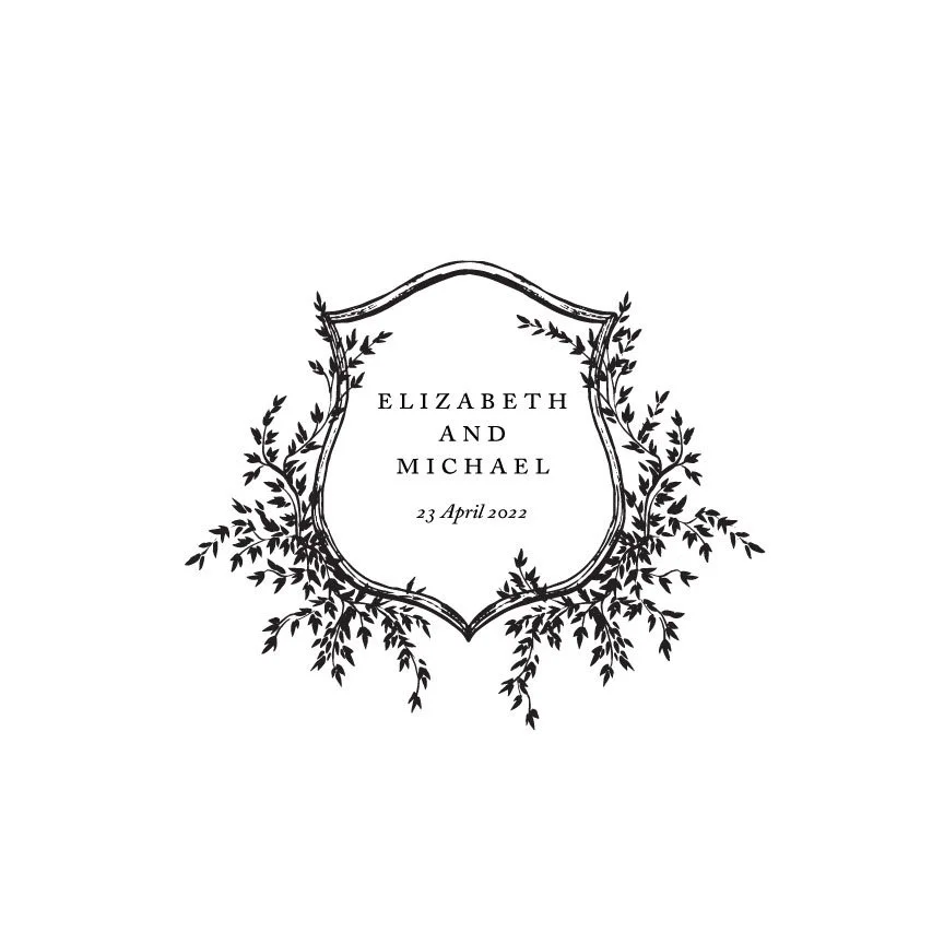 Elegant wedding invitation with floral border and text indicating Elizabeth and Michael's wedding date, April 23, 2022.