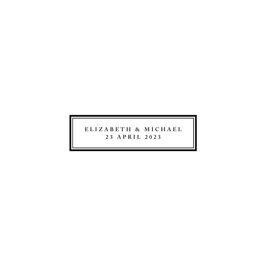 Elegant wedding invitation with black border, personalized with names Elizabeth and Michael, and wedding date April 23, 2023.