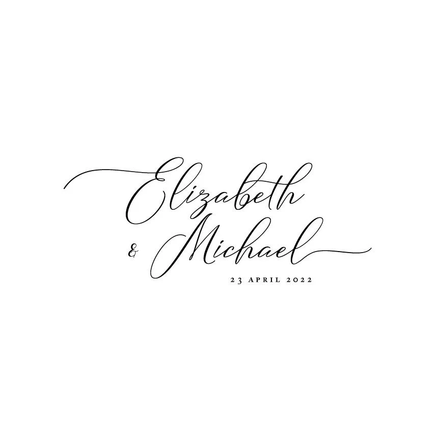 Calligraphy style text displaying the names Elizabeth and Michael, with the date April 23, 2022, underneath, on a plain white background.