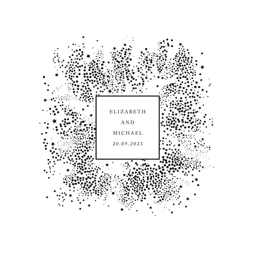 A wedding or special event invitation with black dot and star patterns surrounding a central white rectangle containing text. The text reads 'Elizabeth and Michael 20.09.2023'.