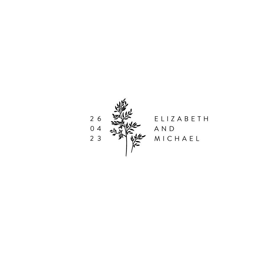 Wedding invitation featuring a simple black illustration of a leafy branch, with the names Elizabeth and Michael, and the date 26 04 23.