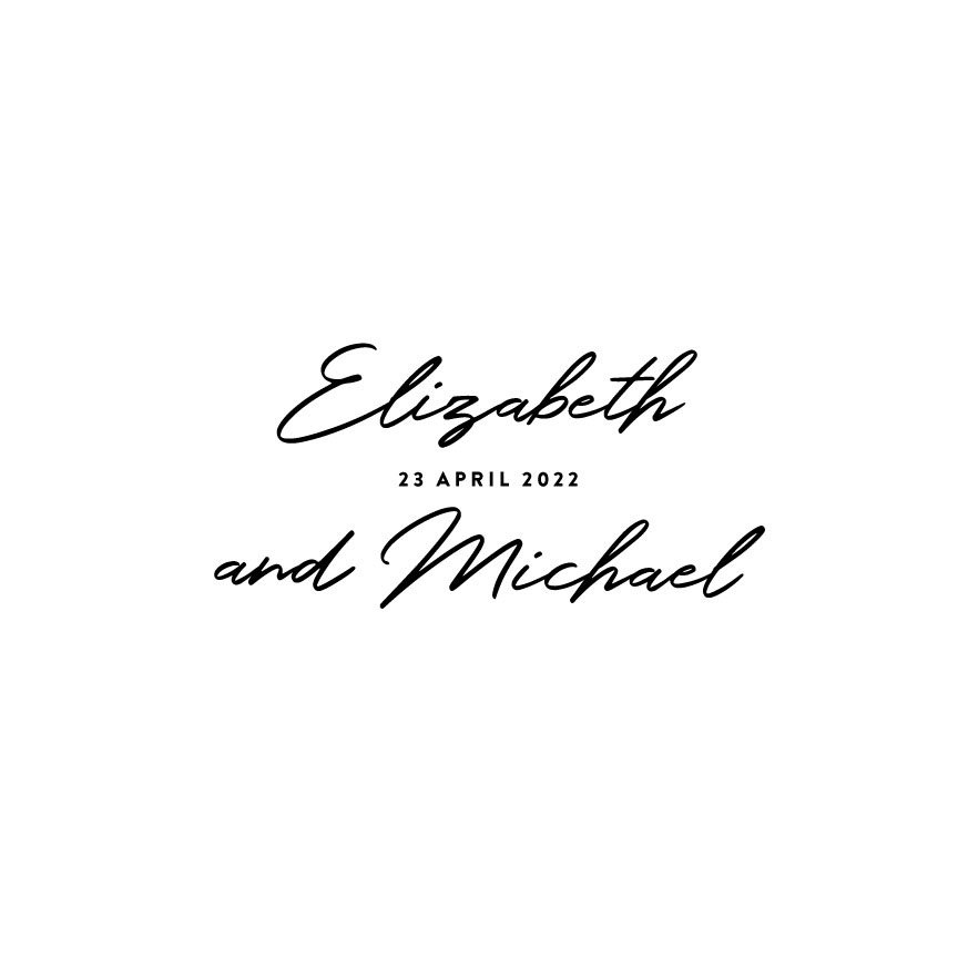 Wedding invitation with names Elizabeth and Michael, and wedding date April 23, 2022, in elegant black script on white background.