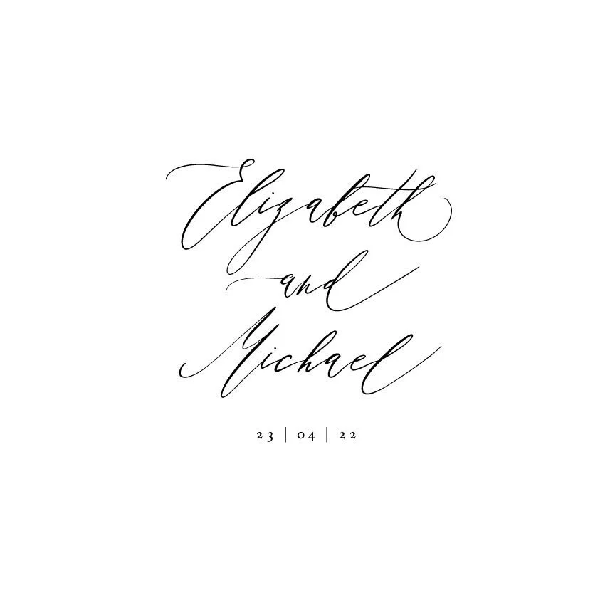 Elegant black calligraphy-style text announcing the names Elizabeth and Michael, with a date of April 23, 2022, in a minimalist design.