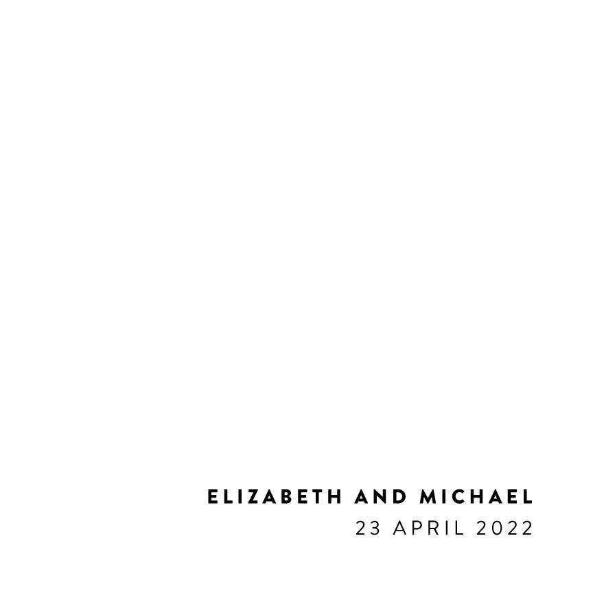 Wedding invitation with black text on a white background. Names Elizabeth and Michael, date April 23, 2022.