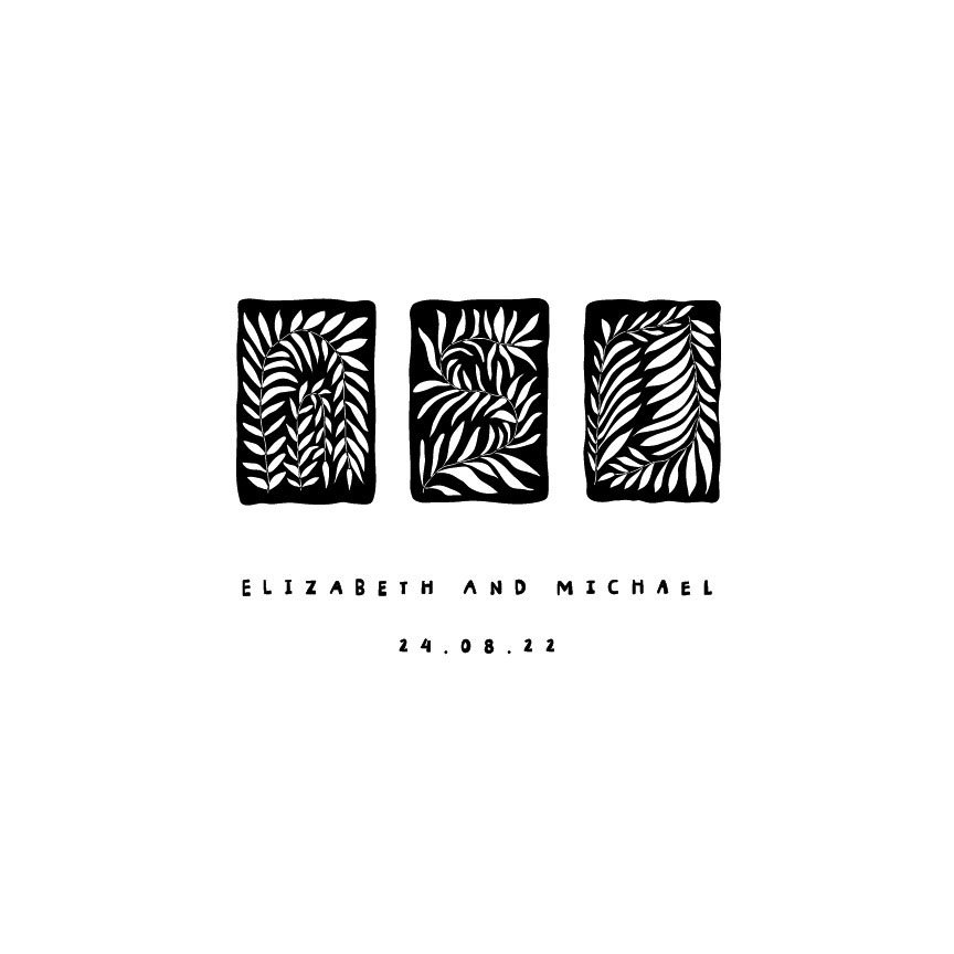 Black and white wedding invitation with three rectangular panels featuring leafy botanical designs, text with names Elizabeth and Michael, and the date 24.08.22.
